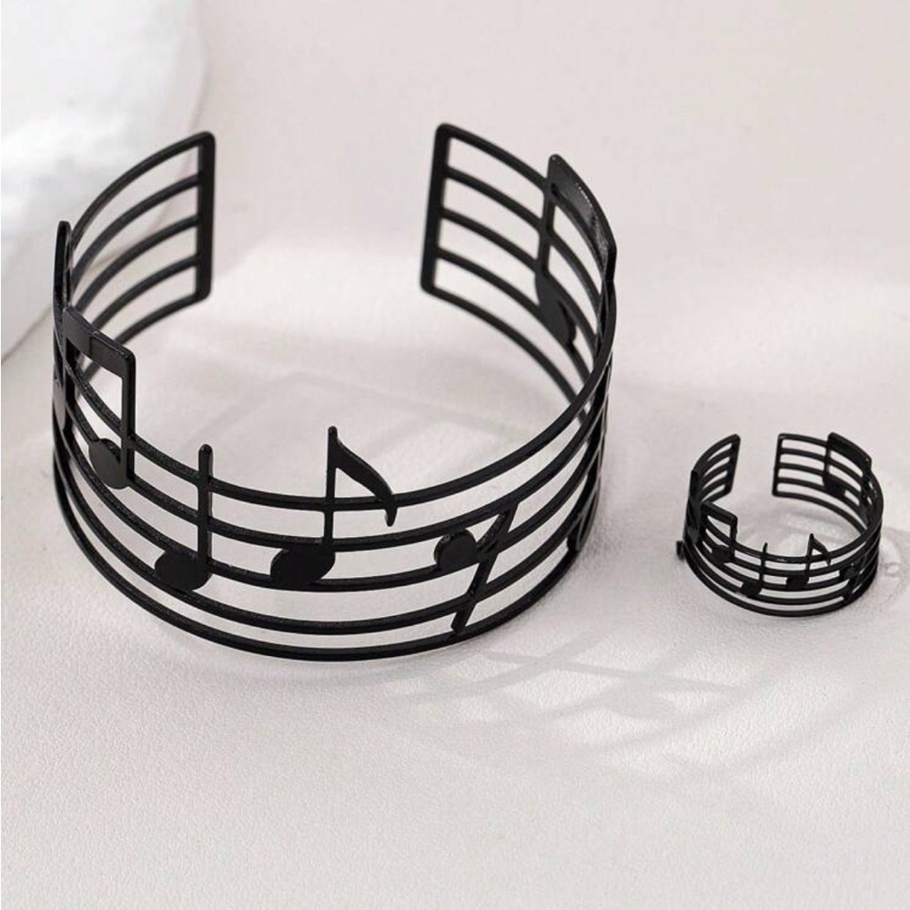 SOLD - Black Music Note Cuff Bracelet and Ring Set - Picture 1 of 3